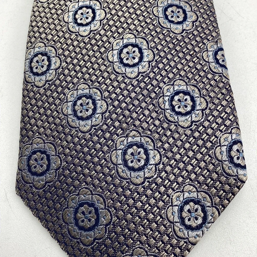 Tasso Elba Mens Silk Tie Brown Blue Geometric Floral Medallion‎ Classic Necktie